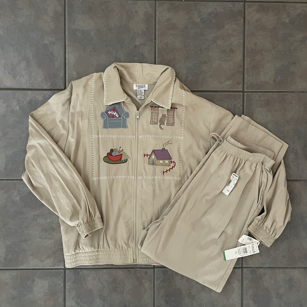 Vintage Teddi Track Suit Cat Embroidery Full Zip Stitching Details Khaki Size XL